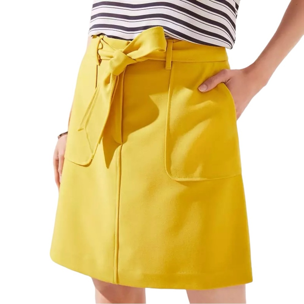 LOFT Textures Belted Lined Skirt Mustard Yellow Pockets Sz 2 - Picture 4 of 16
